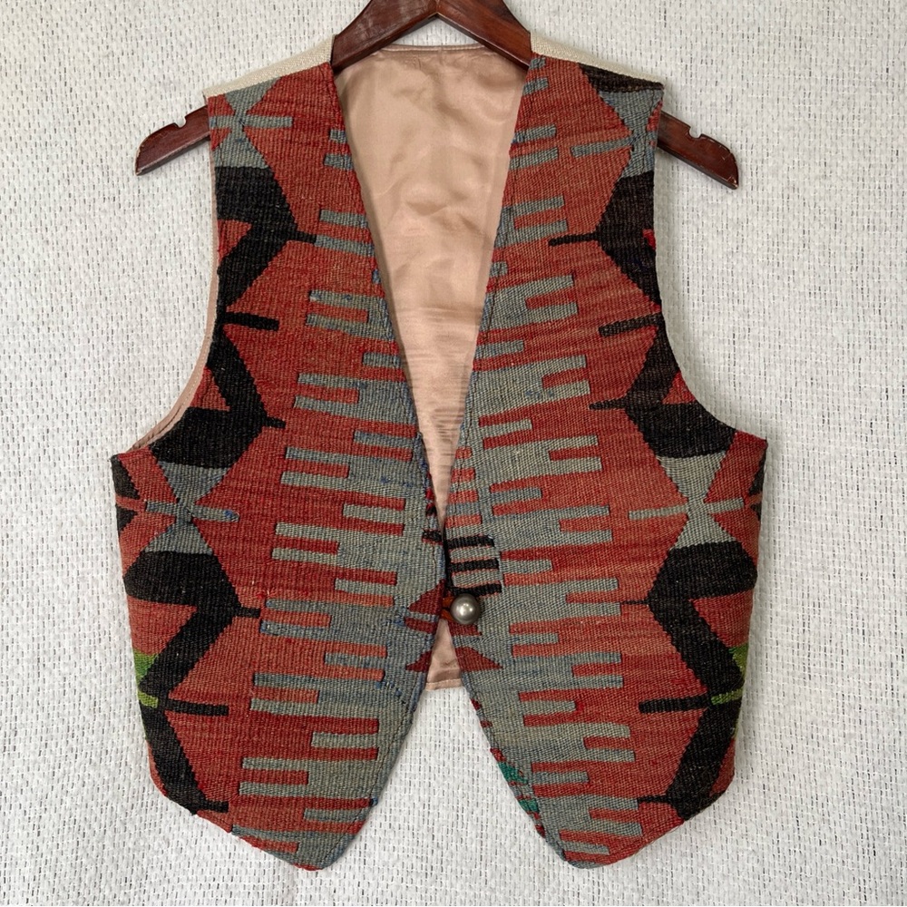 Vintage Wool Linen Vest Turkish Kilim Tapestry Womens Medium Aztec Southwestern